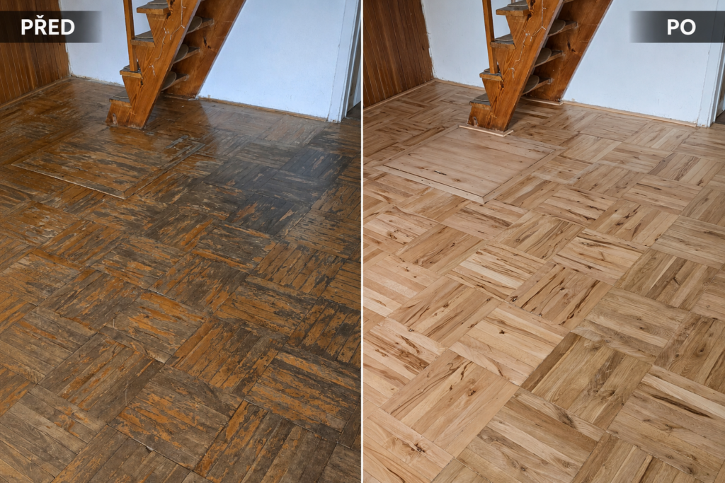 Parketová podlaha se čtvercovým vzorem u dřevěného schodiště před renovací a po ní – realizace Výprachtice.